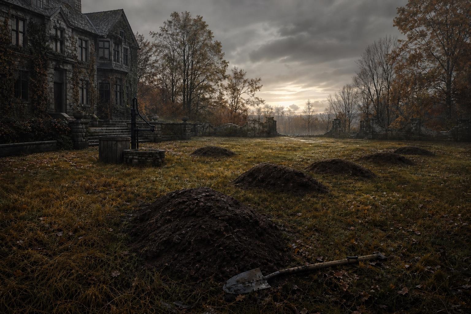 Five graves on a lawn in The Unburied