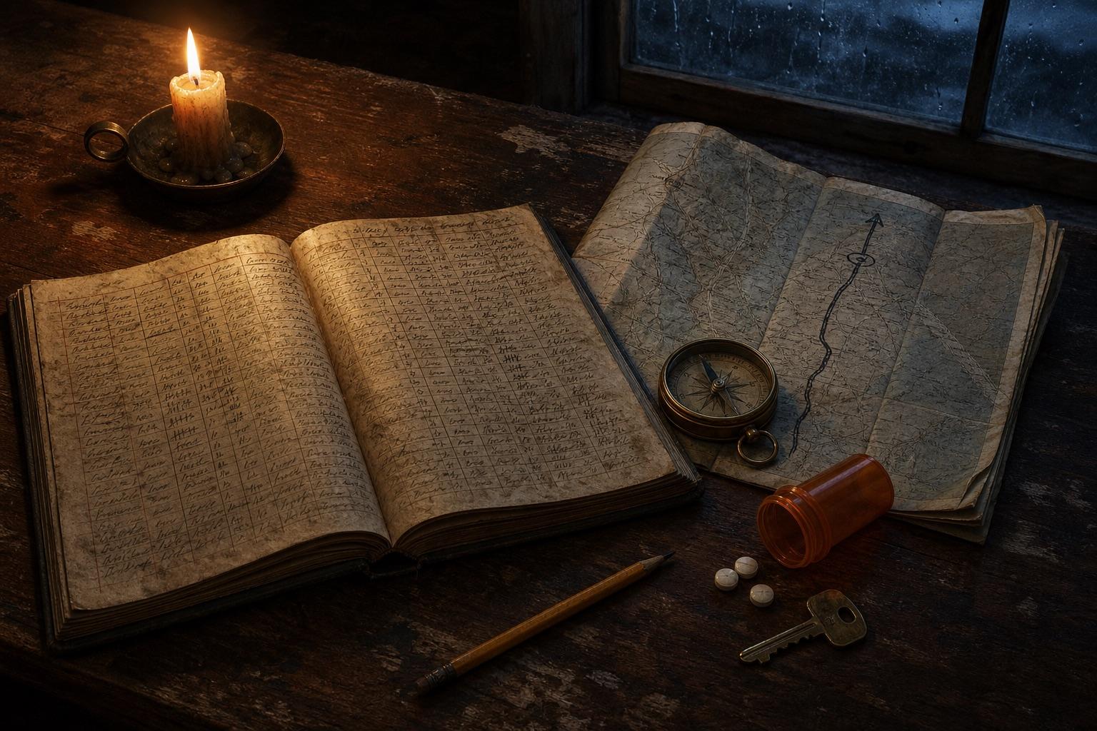 Weathered route map and survival ledger from The Unburied