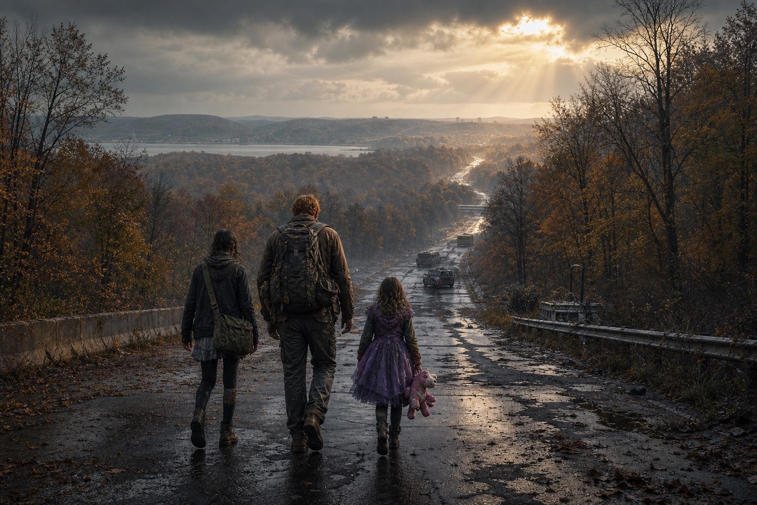 Ashlynn, Leith, and Katrina walking north through ruined New York
